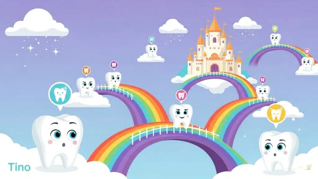 A panoramic view of the Kingdom of Smiles, featuring several cute baby teeth, each with special mission symbols floating above. Tino is in the foreground, looking curious, while rainbow bridges connect the teeth and bright clouds float around. A castle made of teeth appears in the background.  