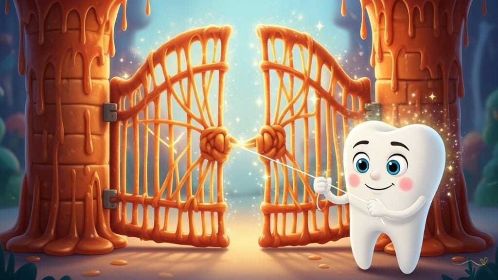 A confrontation with Buttercup and Plack emerging from behind candy trees, laughing, trying to snatch the magic map from Tino. The map reacts with magic, revealing the villains' dark, stained smiles and pushing them away. Smile protects Tino. Magic rejects unhealthy smiles in a child-friendly conflict.