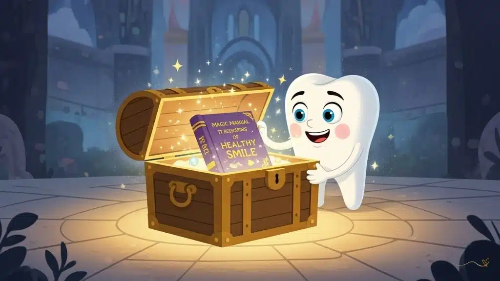 Cena inspiradora de missão com Tino segurando o livro Manual Mágico brilhante, olhando para a Fada Luma e Sorriso com determinação. Tema de compartilhamento de conhecimento com brilhos mágicos de sabedoria ao redor em atmosfera de trabalho em equipe com propósito de missão educativa.