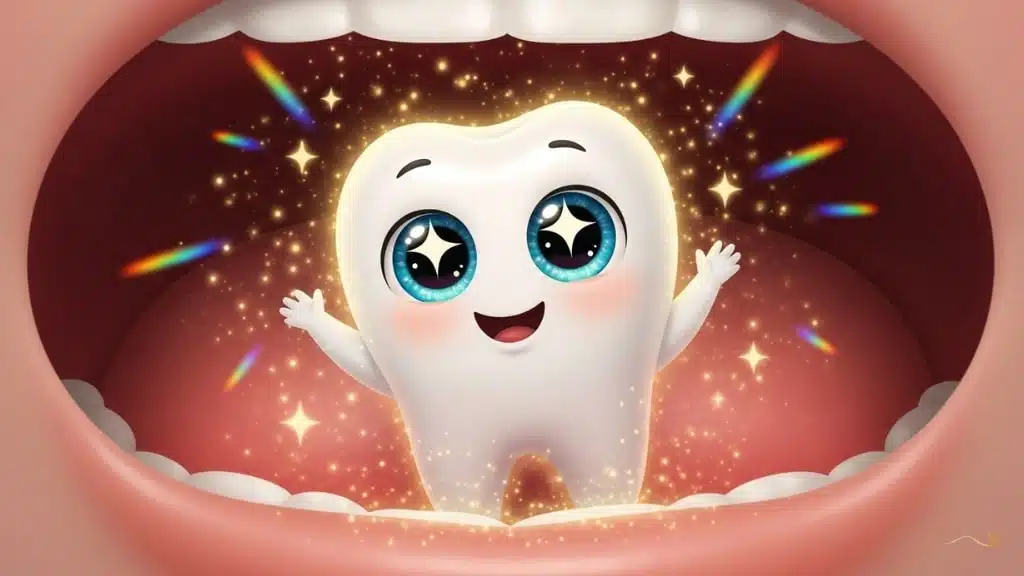 Tino, a tiny white baby tooth with bright blue eyes, is born amidst a magical golden light. He extends his tiny arms with joy, surrounded by golden sparkles and rainbows inside a baby mouth with pink gums. 