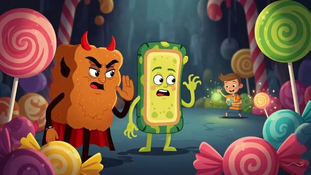 Spy scene showing Buttercup, the brown sugar cube villain with horns and a red cape, whispering to Plack, the yellow-green slime creature. Both hide behind candy decorations in the shadows while watching Tino playing in the background, unaware he's being watched. 