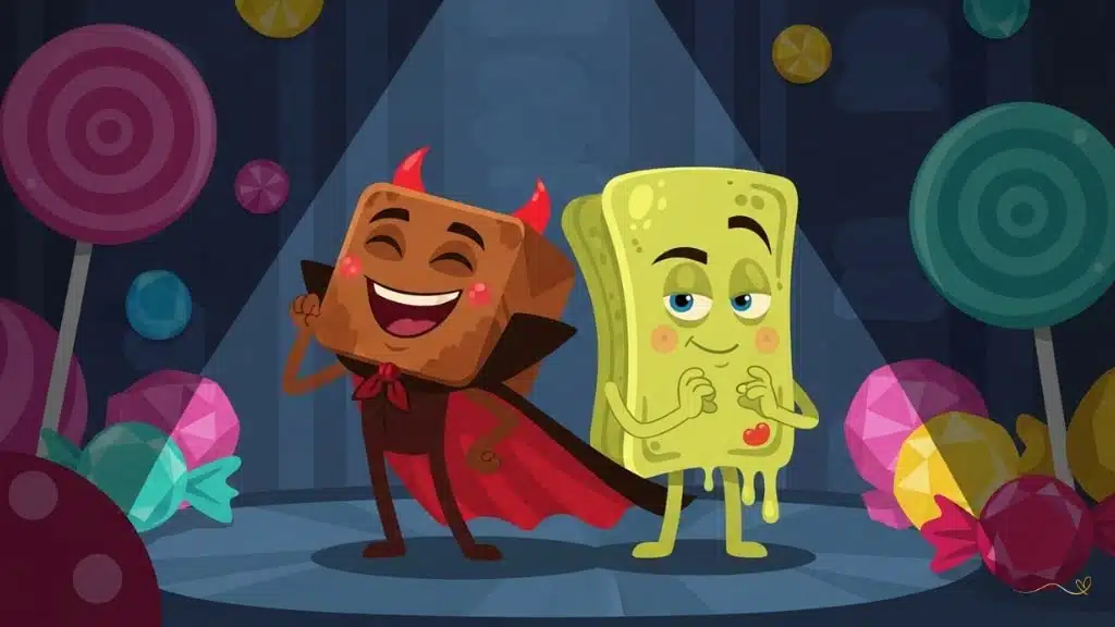 The villains: Buttercup, a brown sugar cube with horns and a red cape, laughs maliciously while Plack, a slimy, yellow-green creature, rubs his hands together, planning mischief. They're hiding in a dark corner of the candy-decorated Sugar Kingdom. 