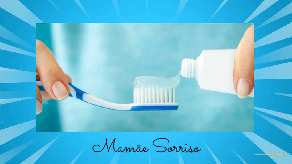 Escova de dentes com creme dental sendo aplicada, fundo azul, higiene bucal saudável