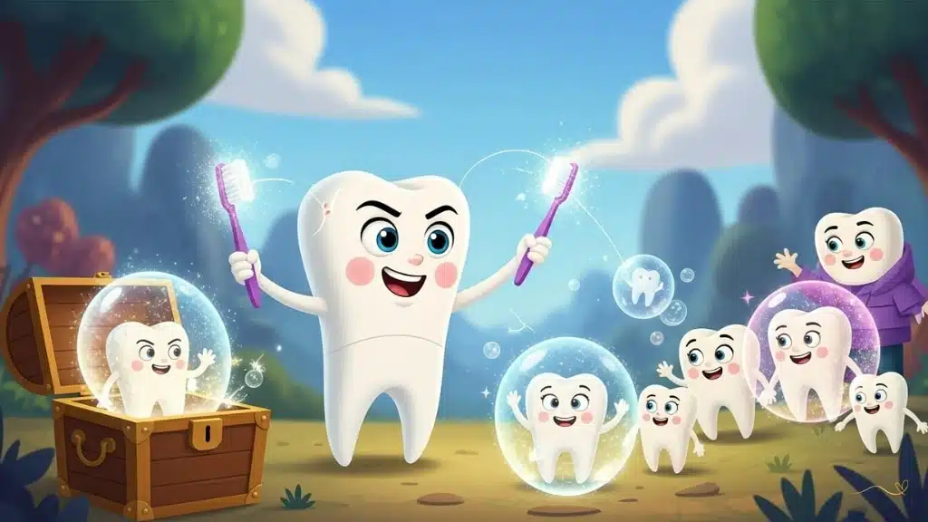 Tino em cena de preparação heroica, segurando mini escova de dentes mágica e fio dental cintilante do cofre secreto com expressão determinada. Ele cria escudos protetores mágicos e bolhas ao redor dos dentes amigos, cada item defensivo brilhando com magia educativa em atmosfera de aprendizado através da ação.