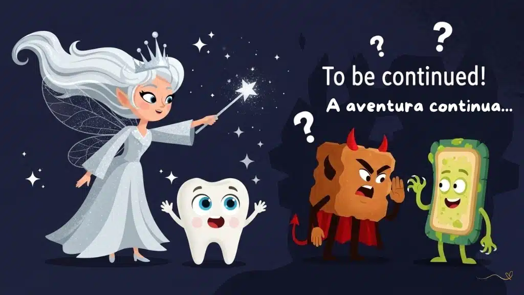 Suspenseful scene showing Fairy Luma pointing to mysterious magical secrets while Tino looks on excitedly with raised arms. In the shadows, Buttercup and Plack whisper their mischievous plans. Question marks and magical sparkles float in the air, creating a "to be continued in the next episode" atmosphere.  