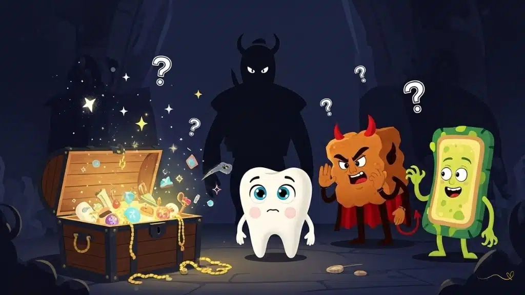 A suspenseful final scene shows the magical vault opened with glowing items, Tino looking determined and curious, the mysterious shadowy figure looming larger in the background, and the villains Buttercup and Plack plotting their plans. Question marks and magical sparkles float in the air, creating a "to be continued next episode" atmosphere. 