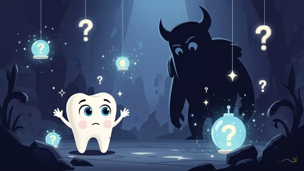 Gancho misterioso final com Tino olhando curiosamente para uma figura sombria misteriosa maior no fundo. O Reino dos Sorrisos está protegido mas o mistério persiste. Elementos protetores mágicos ainda brilham ao redor criando atmosfera de "continua no próximo episódio", construindo suspense para a próxima aventura com pontos de interrogação e brilhos mágicos no ar.