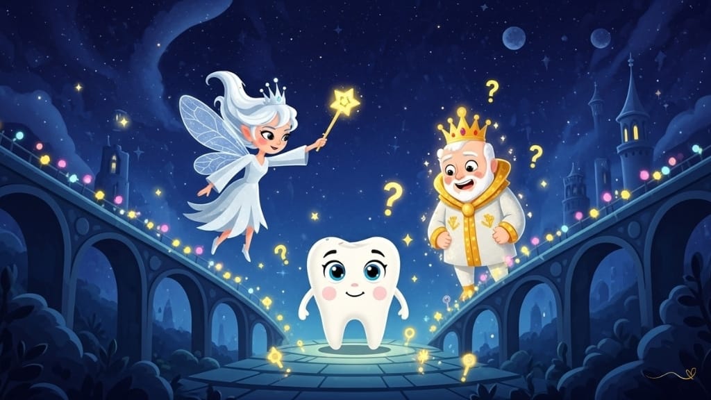 A descending journey with stars shining brightly in the night sky. Tino, Fairy Luma, and Smile walk together down the magical bridge of light. Tino seems determined and ready for new adventures. The Kingdom of Smiles below is illuminated by restored starlight. A "to be continued in the next episode" atmosphere with question marks and magical sparkles hinting at the next adventure.    