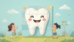 Colorful puzzle in flat design forming a smile with happy teeth.