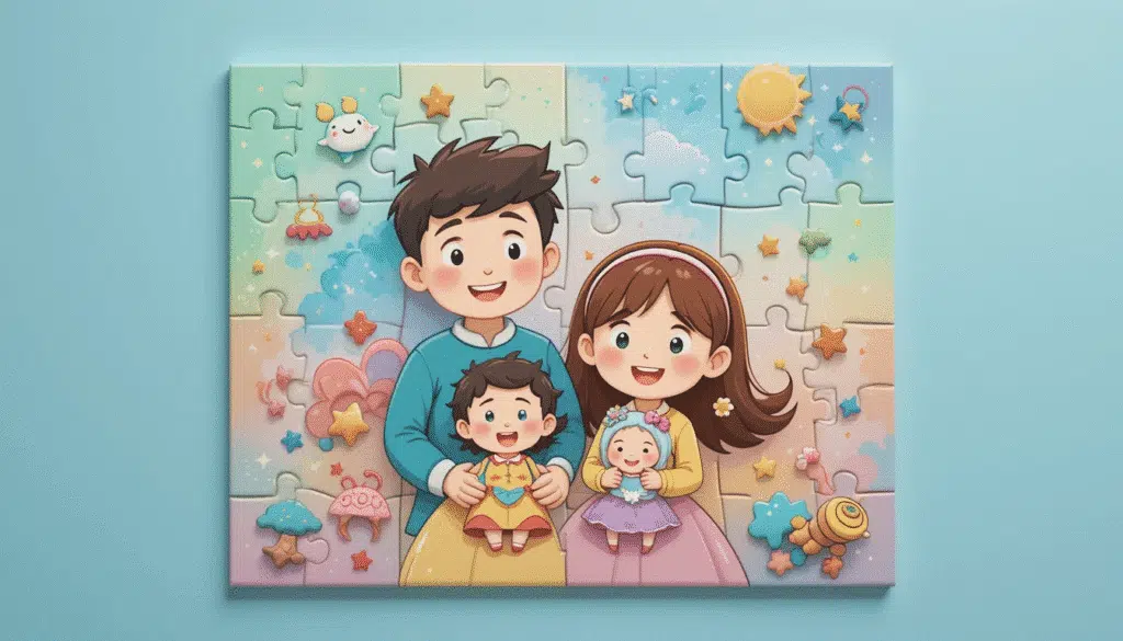 Quebra-cabeça infantil com peças coloridas e personagens sorridentes