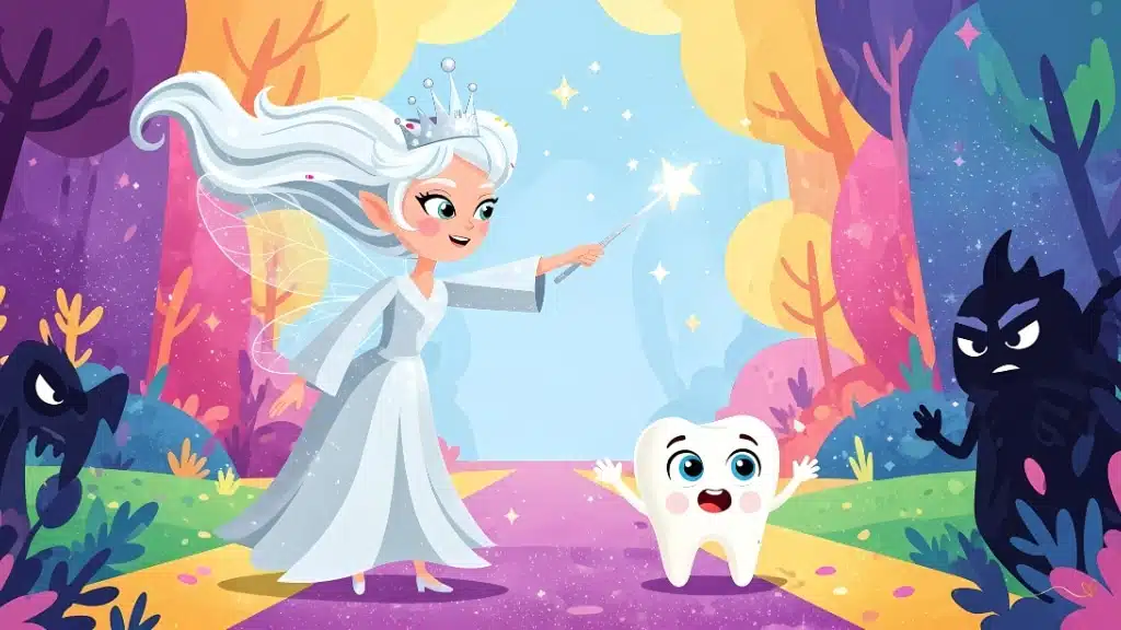 Tino, the little white baby tooth with expressive blue eyes, follows Fairy Luma through the colorful, glittering paths of the Kingdom of Smiles. The silver-clad fairy points ahead with her magic wand while a mysterious shadow lurks in the dark corners in the background. 