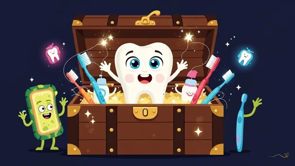 The magic safe opens to reveal colorful mini toothbrushes, magical glitter floss, and educational toys. Tino happily plays with the magical dental care items, each item glowing a different color in an atmosphere of learning and discovery. 