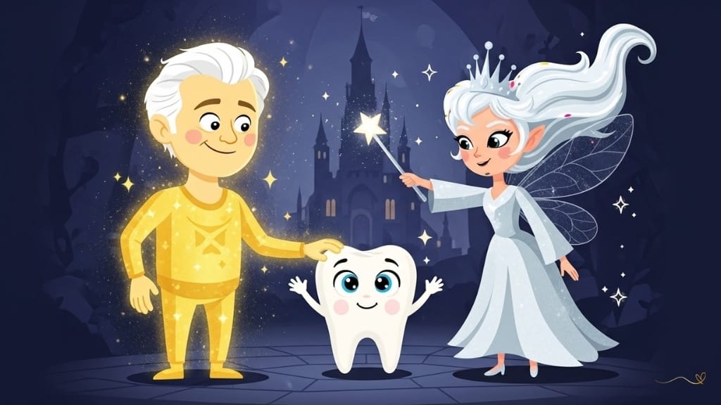 A scene of a friendship alliance with Sorriso, the golden tooth guardian, joining Tino and Fairy Luma. The three characters stand together with a protective magical aura, in an atmosphere of teamwork and unity. A magical kingdom in the background, with the sparkles of an alliance celebrating a new friendship.  