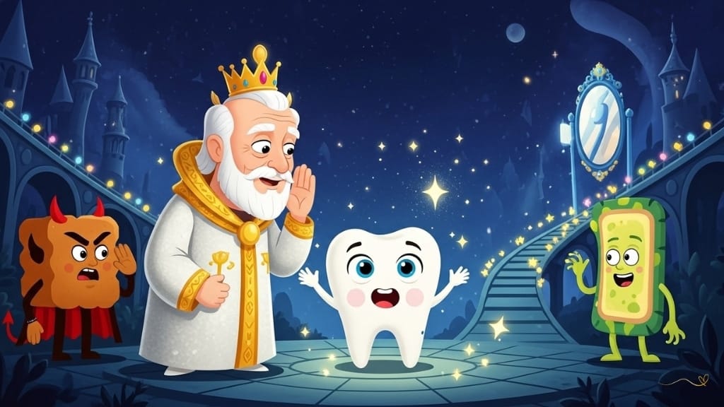 A mysterious revelation with an ancient star whispering a secret to Tino, who seems excited and curious. Magical sparkles all around. A hint of hidden treasure deep within the Kingdom is visually mentioned with a subtle glow. Buttercup and Plack appear small in the distance, also interested. The atmosphere teases a new adventure.    
