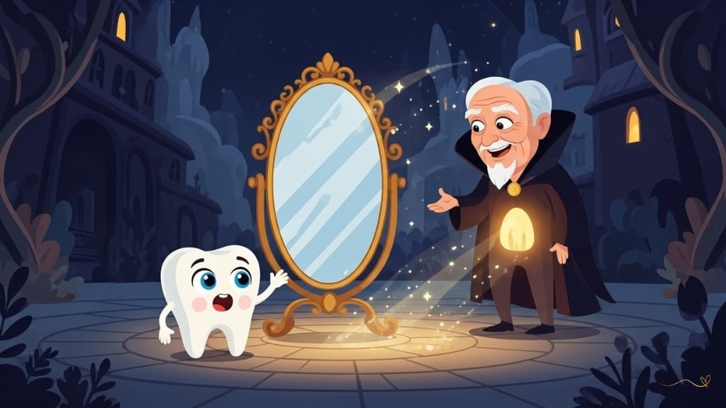 A magical revelation with a large, ornate mirror in the center of the Kingdom. Tino approaches curiously as the mysterious shadow transforms into Smile, the eldest guardian tooth with a warm golden glow and a gentle expression. Magical light emanates from the mirror in the moment of surprise and discovery at the protective guardian's revelation.  