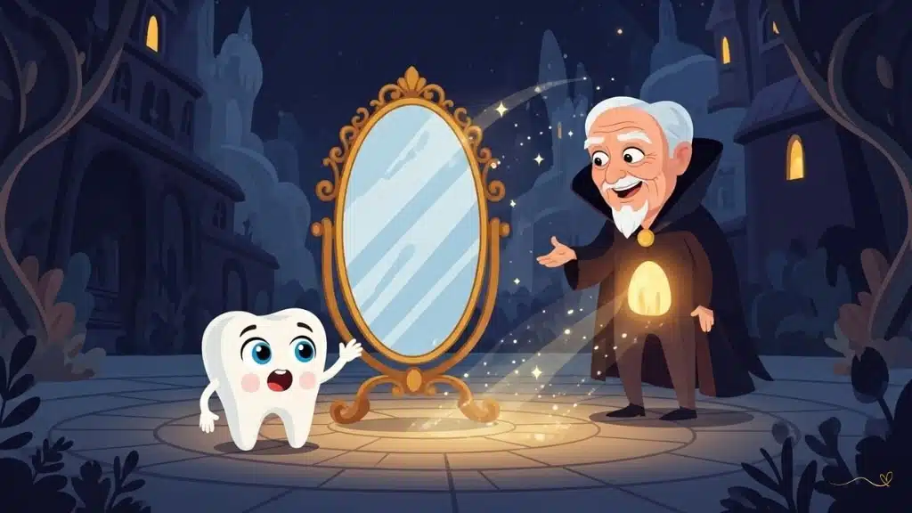 Revelação mágica com grande espelho ornamentado no centro do Reino. Tino se aproxima curiosamente enquanto a sombra misteriosa se transforma em Sorriso, o guardião dente mais velho com brilho dourado caloroso e expressão gentil. Luz mágica emana do espelho no momento de surpresa e descoberta da revelação do guardião protetor.