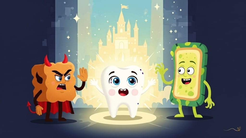 A victory scene with Tino beaming proudly with a smile of accomplishment, while Buttercup and Plack appear defeated but not malicious. The Kingdom of Smiles shines with a protective, magical glow in an atmosphere of lessons learned and amicable resolution, celebrating the educational victory.