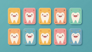 Children's memory game with colorful cards and smiling teeth in a flat design style.