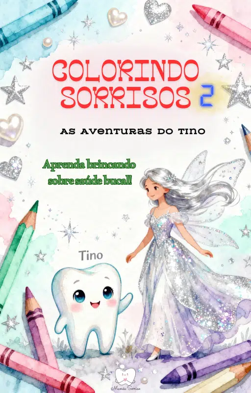 livro de atividades educativo higiene bucal infantil, ilustração capa colorindo sorrisos.