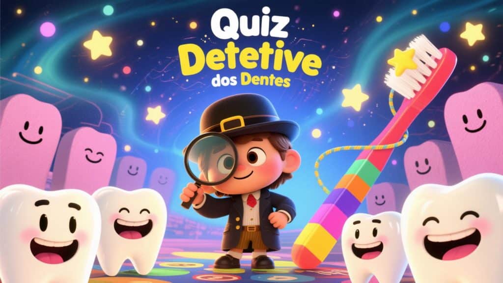 Educational quiz for all ages: Pixar-style illustration for an educational quiz called: Teeth Detective Quiz