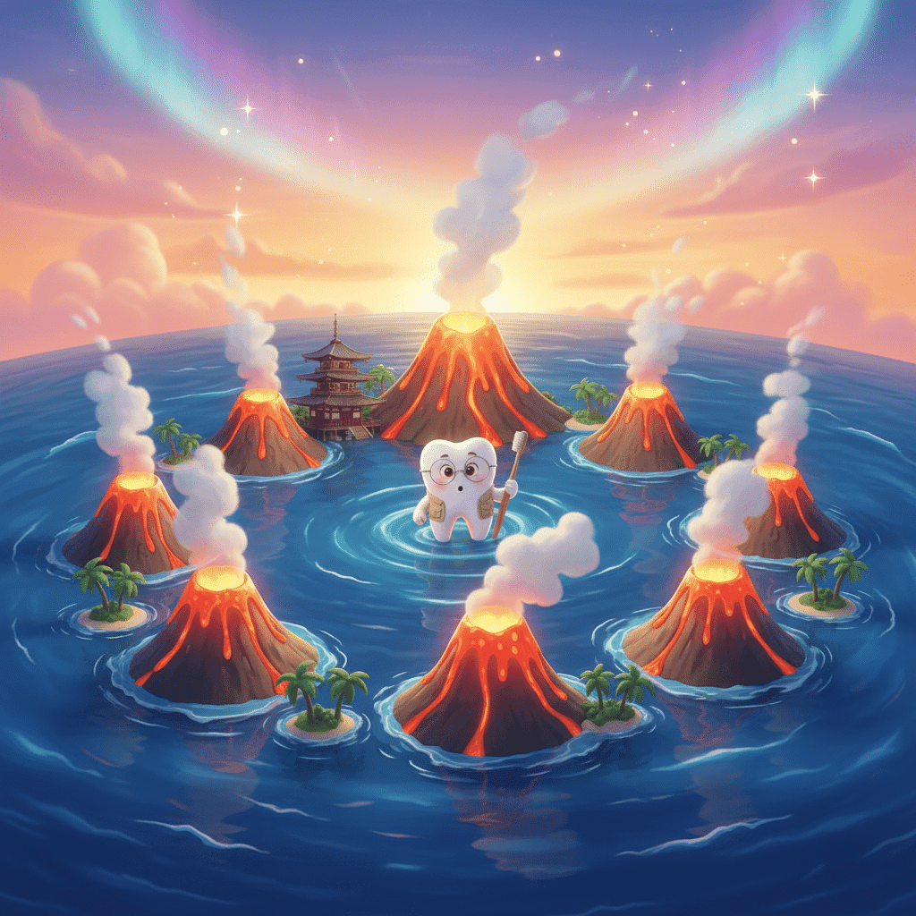 Ilustração estilo Pixar, vários vulcões ao redor do oceano formando um anel, lava brilhante e fumaça suave, visual encantador e amigável, céu colorido, atmosfera mágica, estilo infantil educativo, 3D cartoon