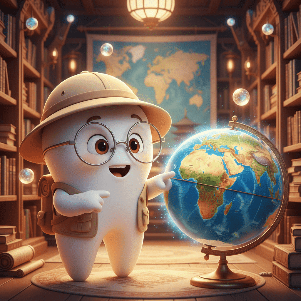 Ilustração estilo Pixar, personagem Tino (dente de leite fofo, olhos grandes brilhantes, sorriso amigável, roupa de explorador com chapéu bege, mochila pequena e óculos redondos), apontando para um globo terrestre colorido com destaque no Oceano Pacífico, cenário mágico infantil, iluminação suave, cores vibrantes, estilo 3D cartoon, ultra detalhado
