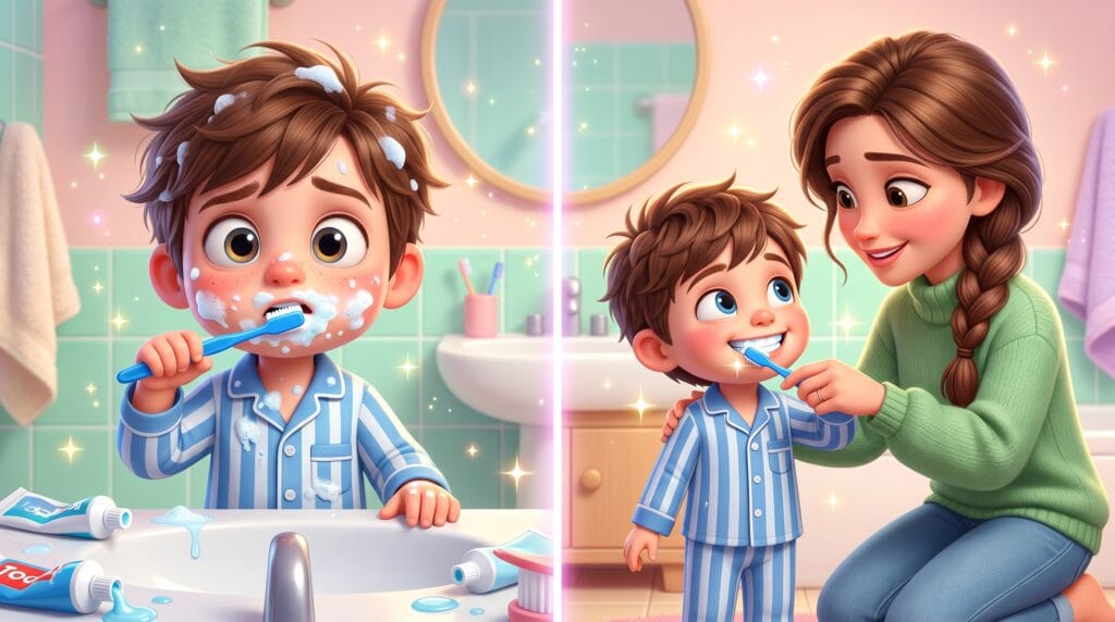 Children’s oral hygiene mistakes: child brushing teeth incorrectly while parent helps correct technique in a colorful educational scene