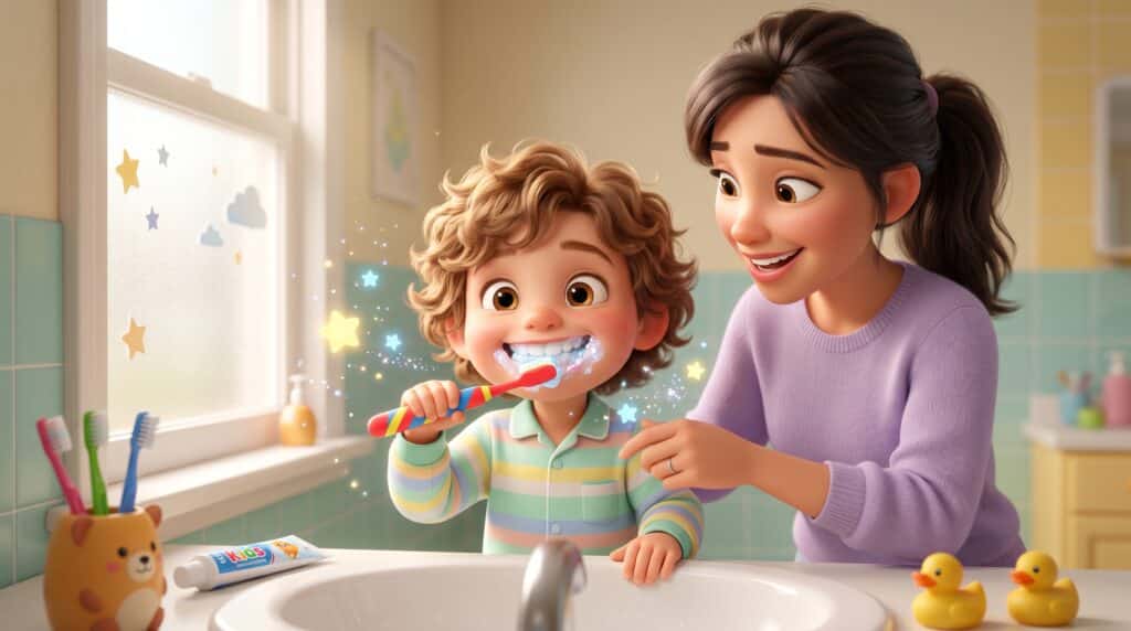 Como evitar cáries em crianças com escovação: criança escovando os dentes com ajuda dos pais em ambiente colorido e educativo