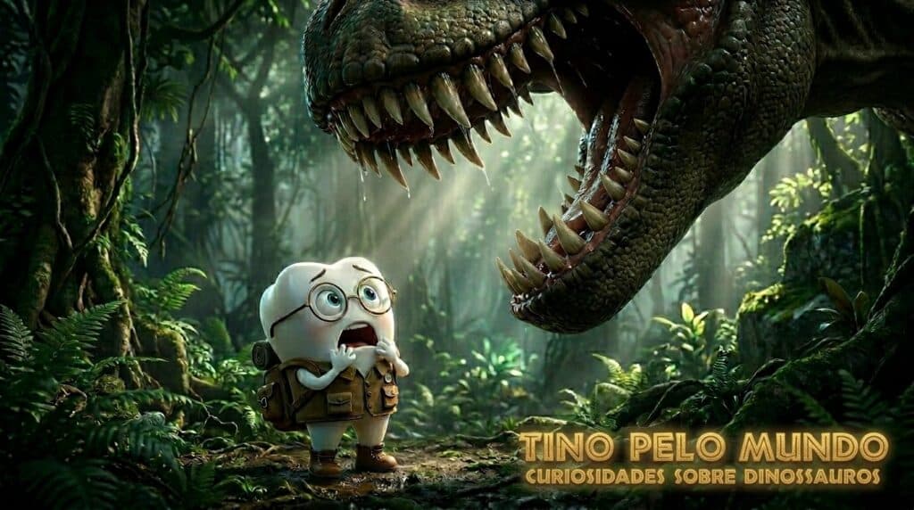 Tino assustado observando a boca gigante de um dinossauro em uma aventura sobre curiosidades sobre dinossauros.