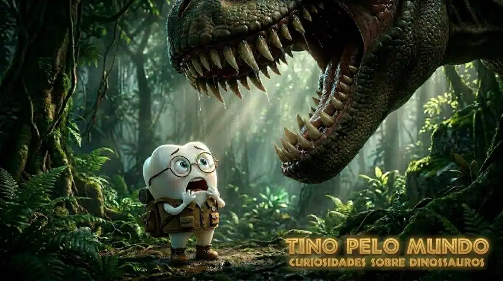 Tino assustado observando a boca gigante de um dinossauro em uma aventura sobre curiosidades sobre dinossauros.