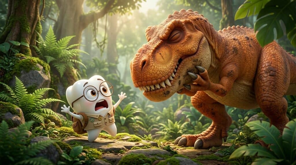 Dinossauro segurando a boca enquanto Tino descobre curiosidades sobre dentes dos dinossauros.