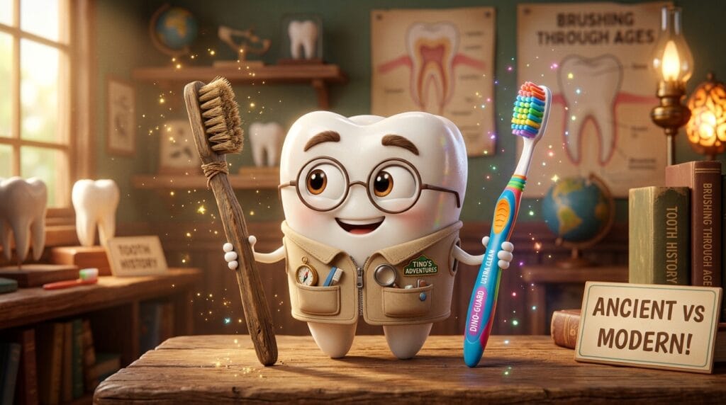 tino segurando uma escova de dentes antiga e outra moderna