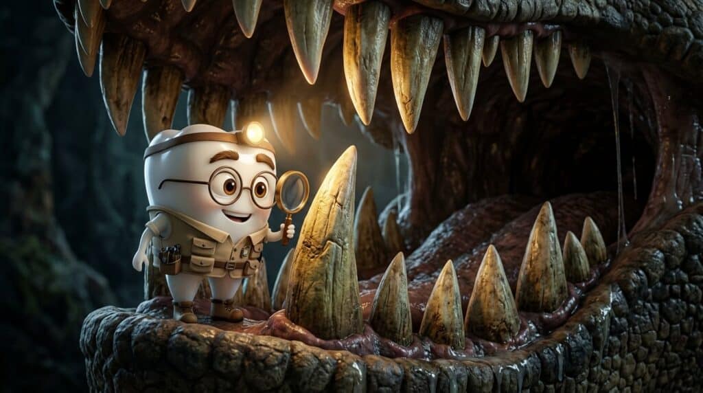 Tino investigando dentes gigantes de dinossauros em uma floresta pré-histórica cheia de fósseis.