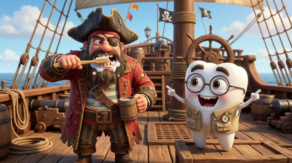 Tino ensinando cuidados com os dentes ao lado de um pirata em uma divertida aventura sobre curiosidades sobre piratas.