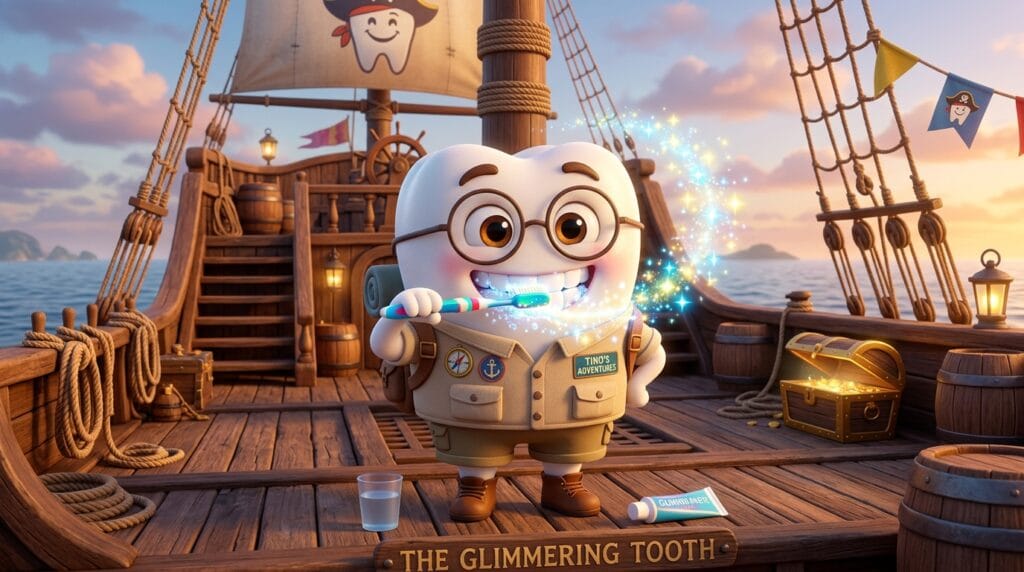 tino ensinando o pirata escovar os dentes