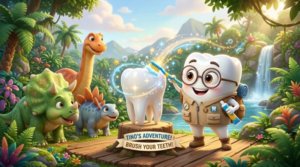 tino e os dinossauros escovando dentes
