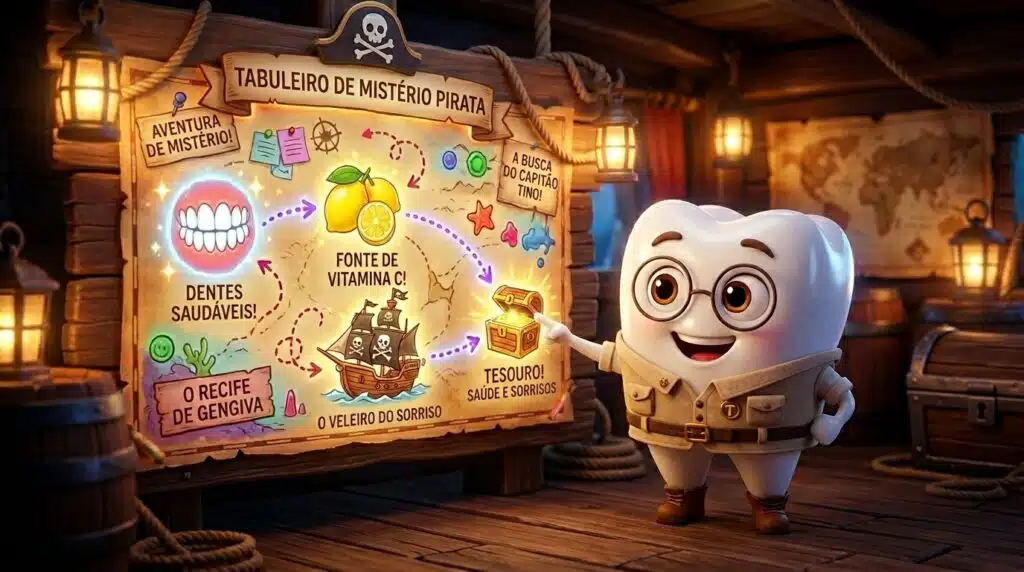 Tino explicando como o escorbuto fazia os piratas perderem os dentes em uma historinha educativa sobre curiosidades dos piratas.