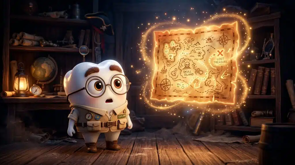 Tino segurando um mapa pirata misterioso enquanto descobre curiosidades sobre piratas em uma aventura educativa infantil.