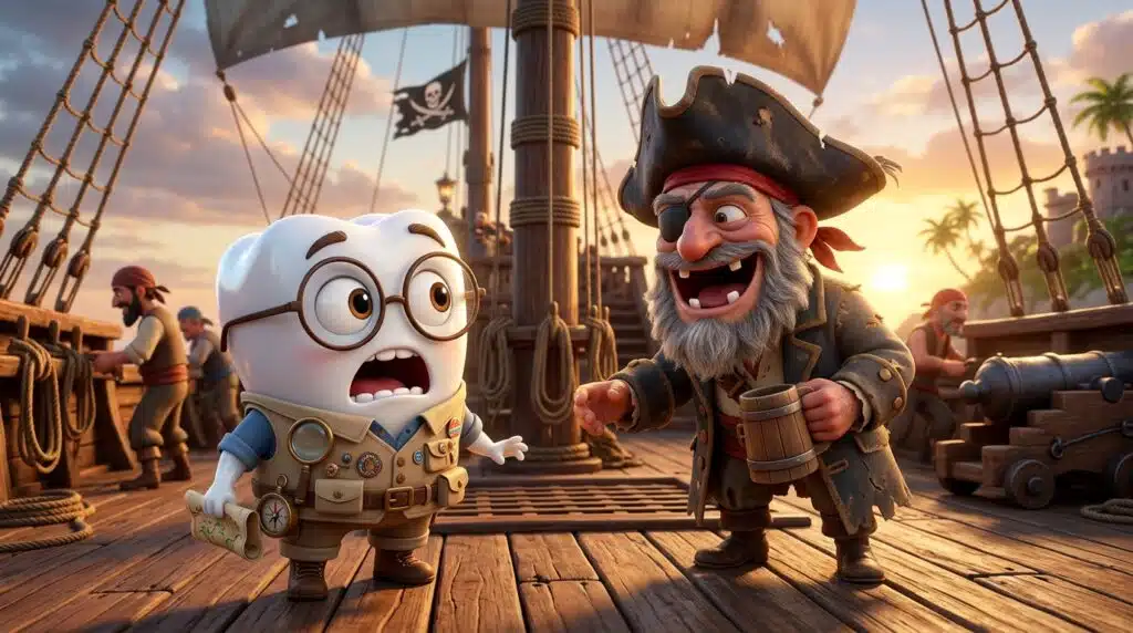 curiosidades sobre piratas: tino assustado com o pirata sem dentes